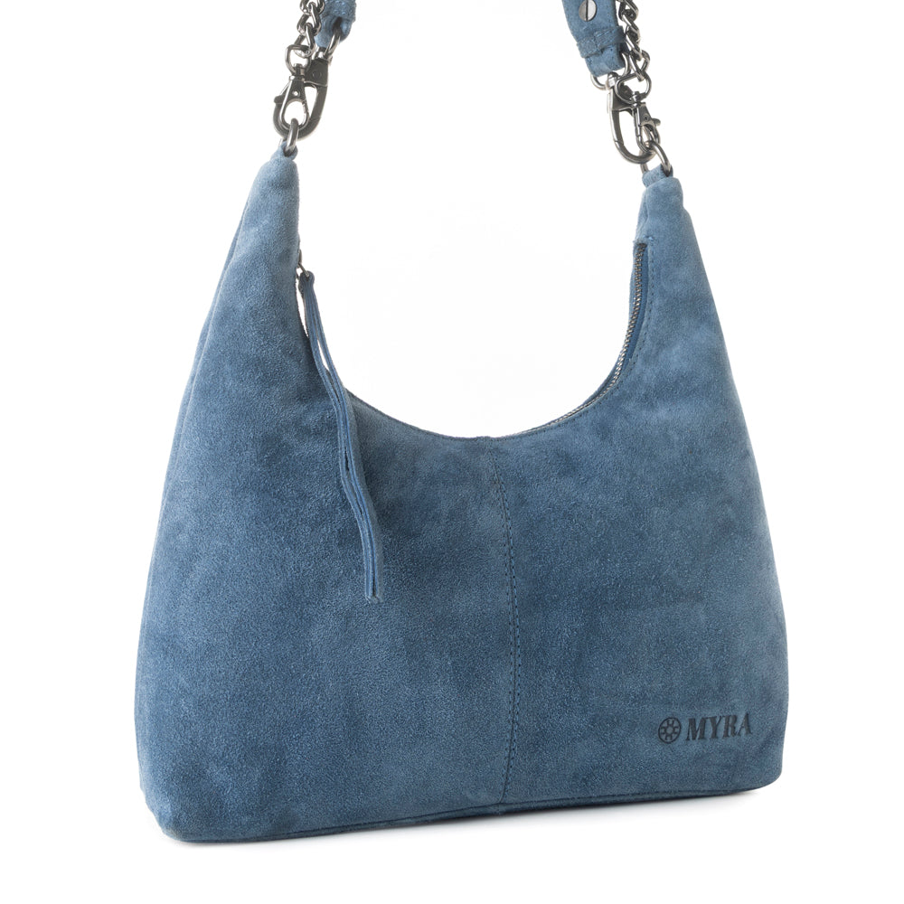Myra Juniper Trail Genuine Suede Bag for Women in denim blue with extra strap