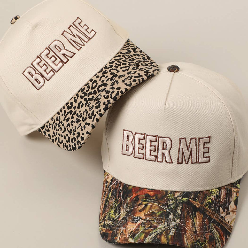 "Beer Me" Embroidered Leopard or Camo Trucker Hat