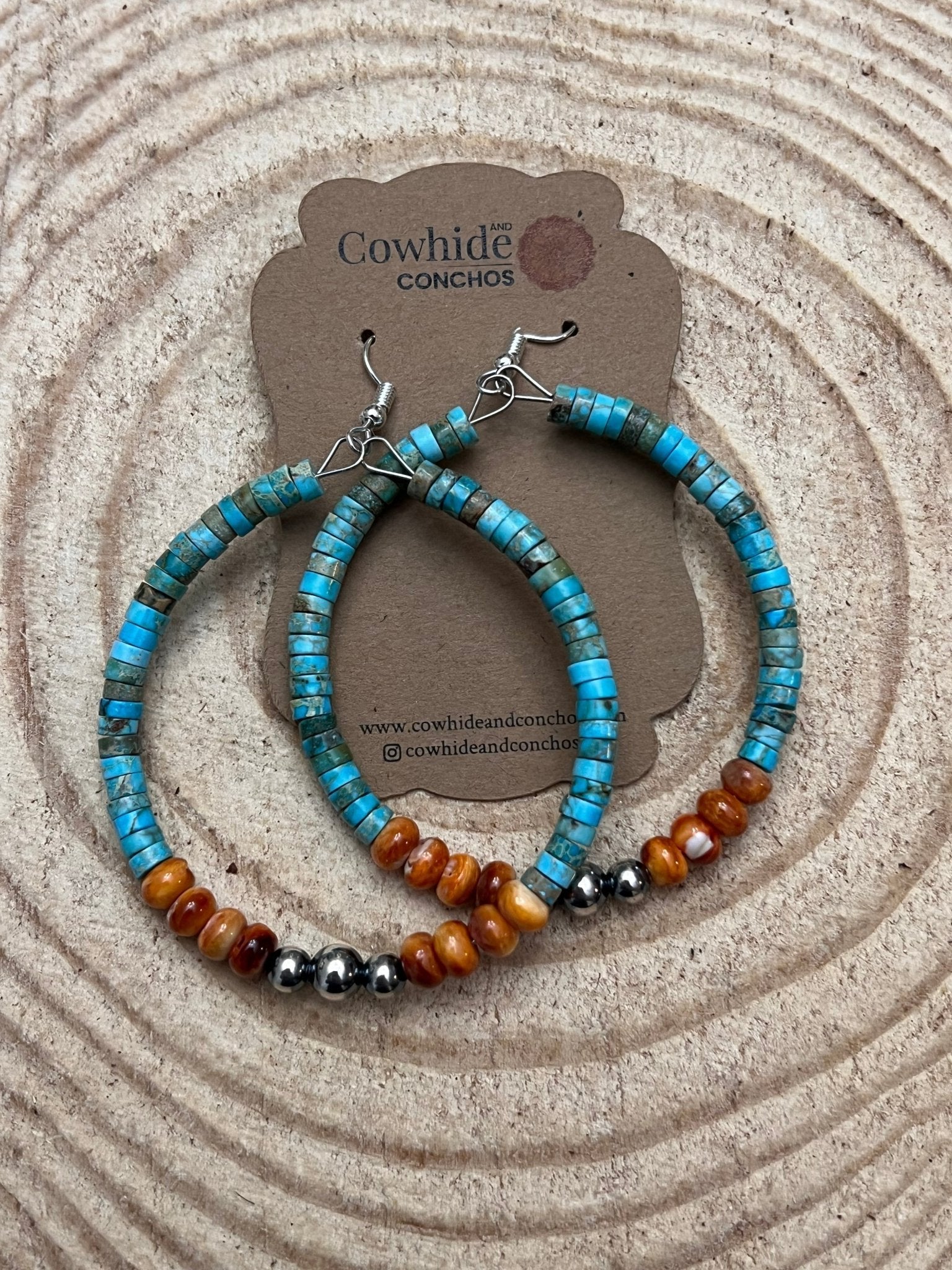 Variscite Turquoise & Spiny Oyster 2.25” Hoop Earrings with Sterling Silver