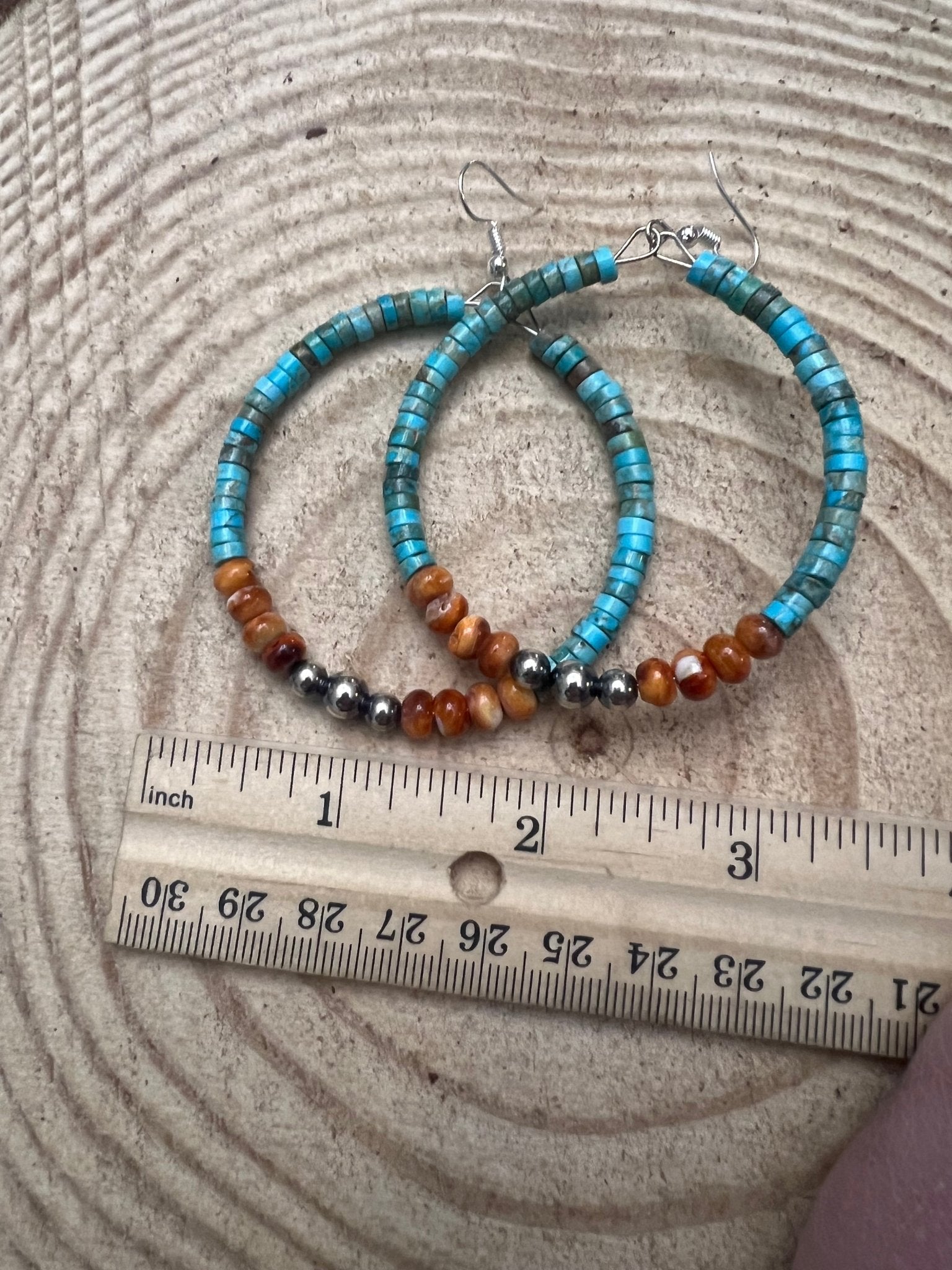 Variscite Turquoise & Spiny Oyster 2.25” Hoop Earrings with Sterling Silver