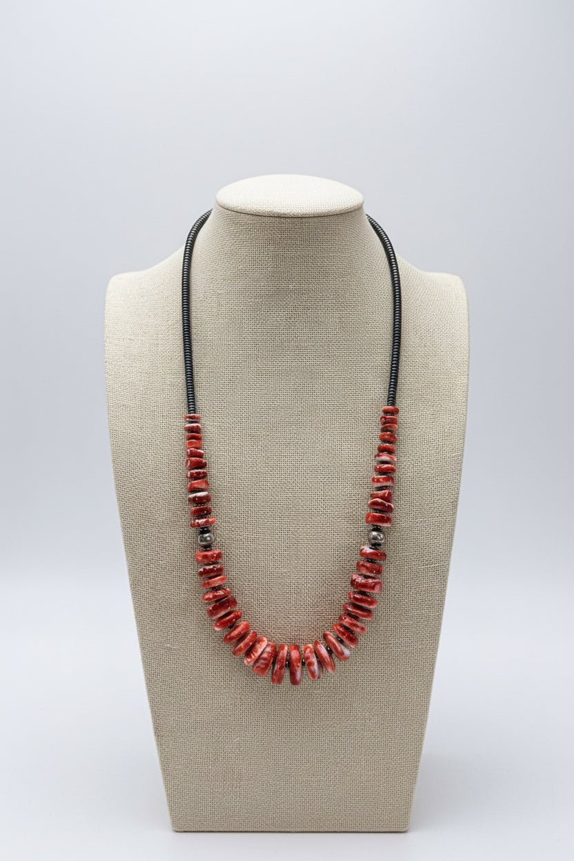 Red Spiny Oyster & Black Hematite Necklace – 23.5 inch