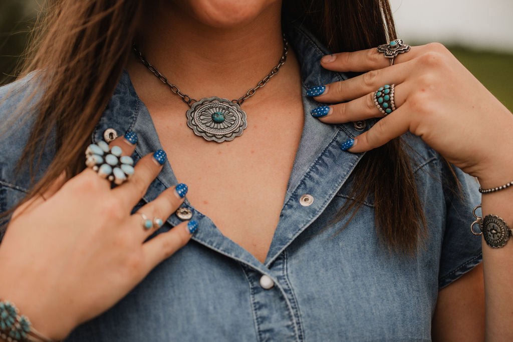Sterling Concho and Kingman Turquoise Necklace - 18 inch