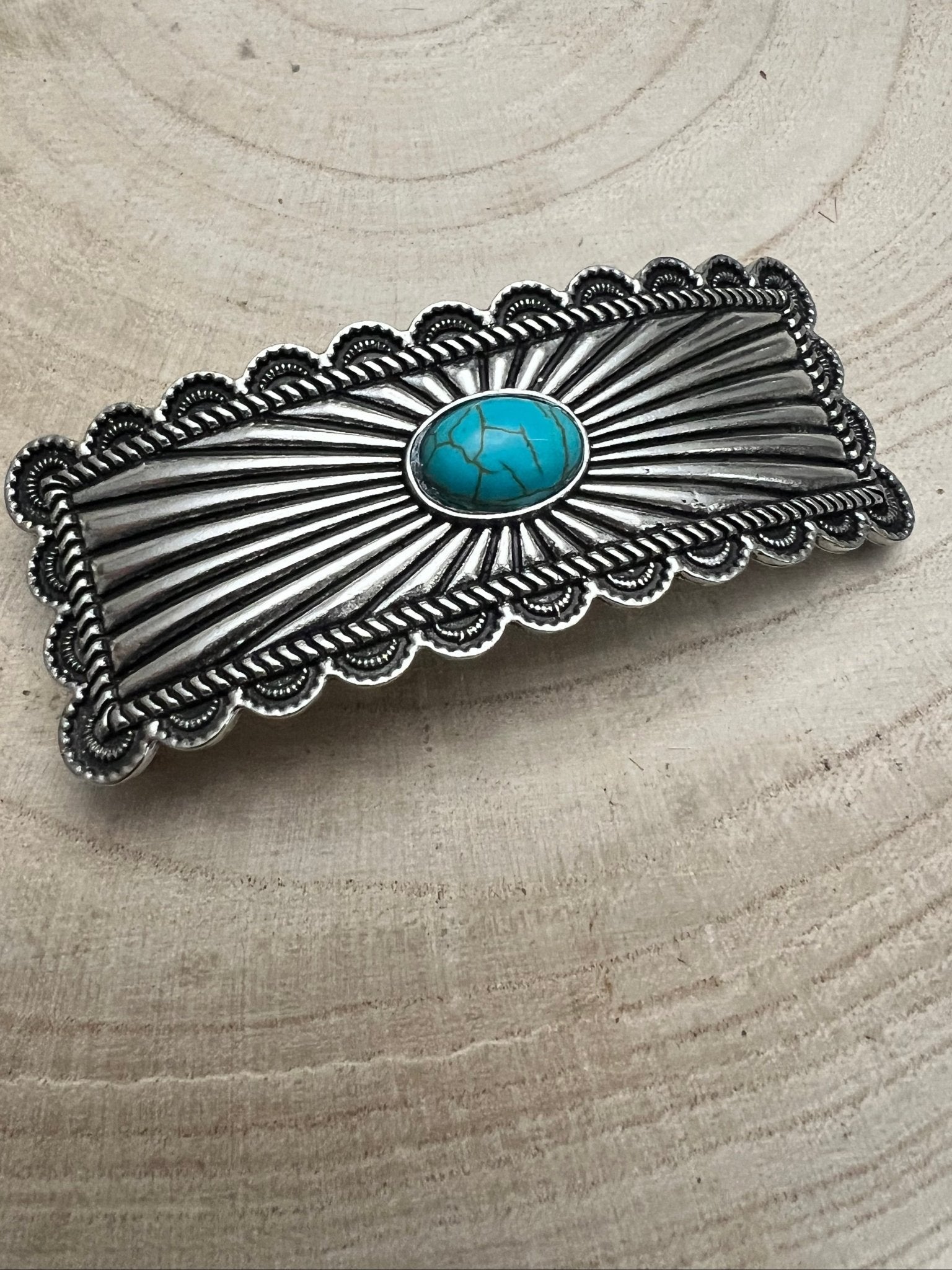 Western Faux Turquoise Etched Silver Metal Hair Barrette