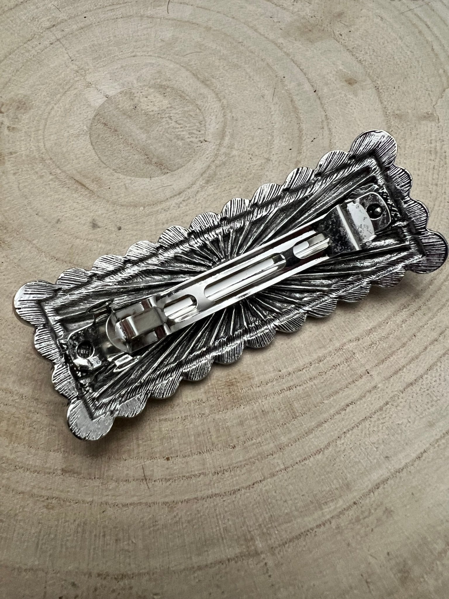 Western Faux Turquoise Etched Silver Metal Hair Barrette